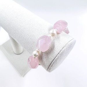 Rose Quartz Nugget & Freshwater Pearl Silver Tone Toggle Clasp 8” Bracelet